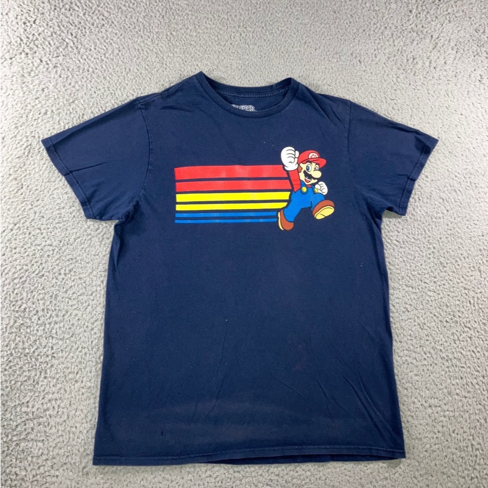 Nintendo‎ Super Mario T-Shirt Men M Navy Blue Retro Rainbow Graphic Thrashed 90s